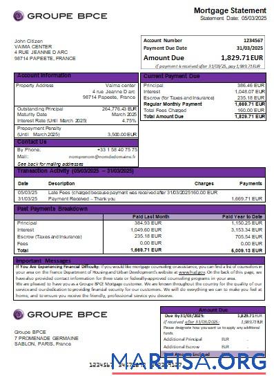 Blank France Groupe BPCE bank mortgage statement scr sample